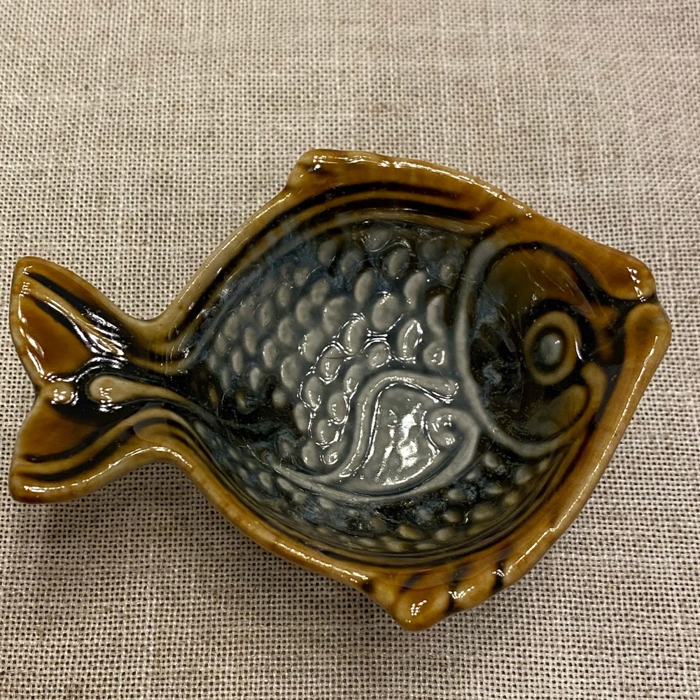 Ceramic blue gold fish trinket dish.